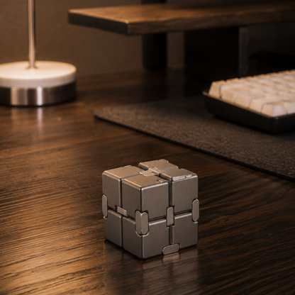 A metallic silver 3x3 cube puzzle toy sits on a dark wooden desk in a dimly lit home office setup, with a lamp, keyboard, and monitor visible in the background.