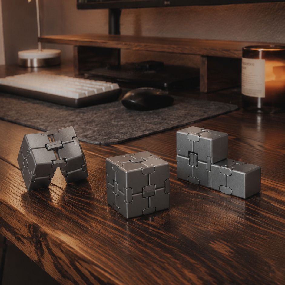 Four gray metallic puzzle cubes arranged on a dark wooden desk in a cozy home office setup with a monitor, keyboard, lamp, and candle.