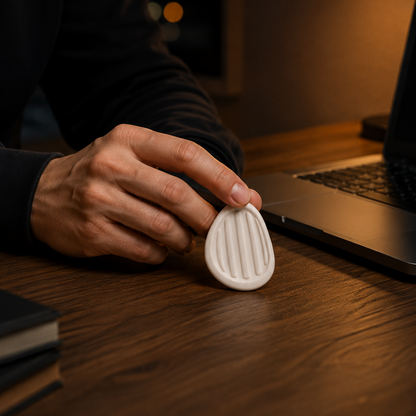 A close-up of a person's hand holding a small white oval object with vertical ridges on a wooden desk, with a laptop, lamp, and blurred city lights in the background.