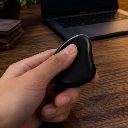 A hand holding a small black smooth stone or meditation bead over a wooden desk, with a laptop and warm lamp in the background.