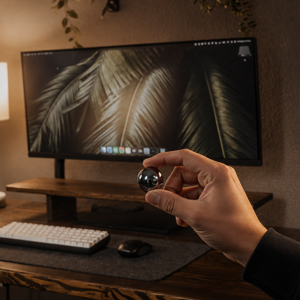 A hand holds a small spherical smart home device in front of a computer monitor on a desk in a warmly lit home office setting.