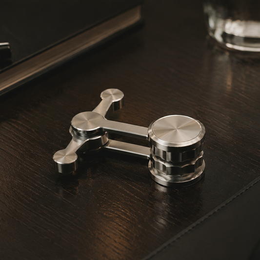 A polished silver metal desk organizer with three cylindrical rings and connecting bars, shown on a dark wood desk next to a pen and glass.