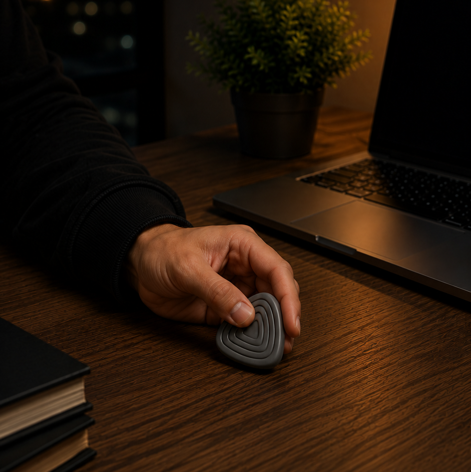 A person's hand holding a gray, coiled fidget stress toy on a dark wooden desk in a dimly lit home office setting with a laptop, lamp, and plant in the background.