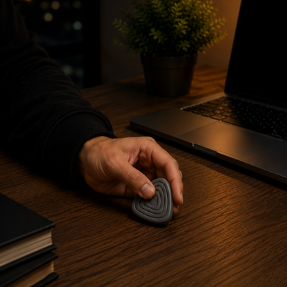 A person's hand holding a gray, coiled fidget stress toy on a dark wooden desk in a dimly lit home office setting with a laptop, lamp, and plant in the background.