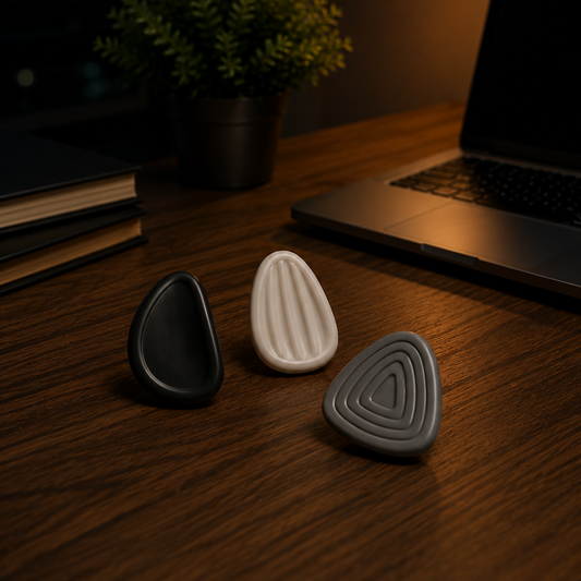 Three small triangular silicone-like accessories in black, off-white, and gray are arranged on a wooden desk beside a laptop, with a lit lamp and a potted plant in the background.